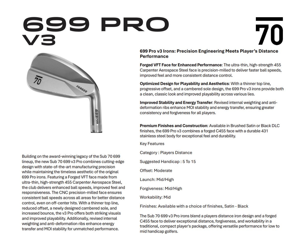 Sub 70 699 Pro V3 Raw iron specifications chart
